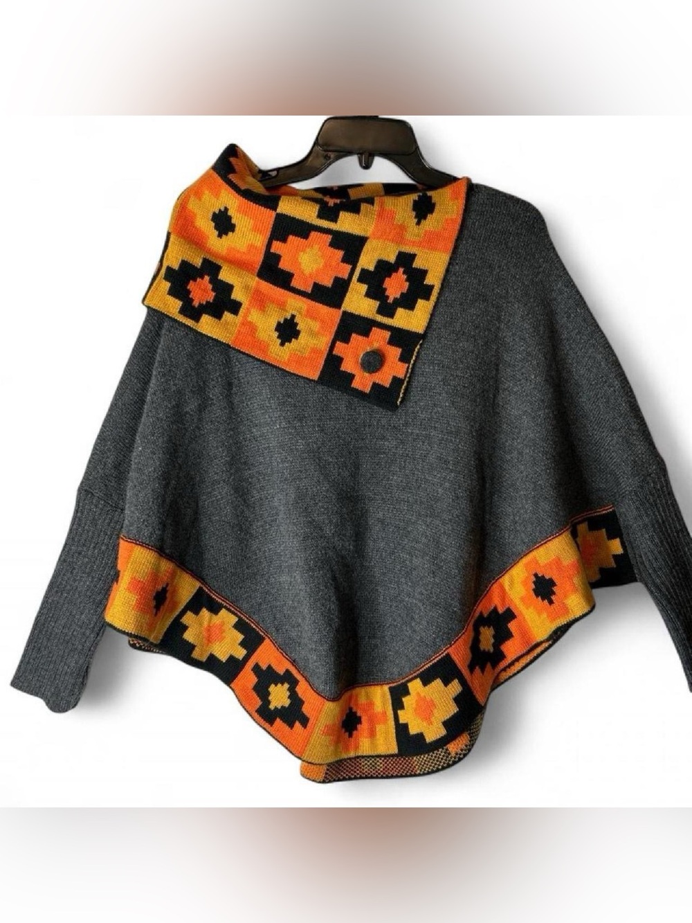 Alpaca brand Alpaca wool Gray and Orange Poncho Sweater Boho Festival Cozy